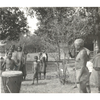 Laos: Indigenous Native Tribal Members / Drum (Vintage Stereo Glass Plate ~1920s/1930s)
