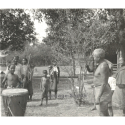 Laos: Indigenous Native Tribal Members / Drum (Vintage Stereo Glass Plate ~1920s/1930s)