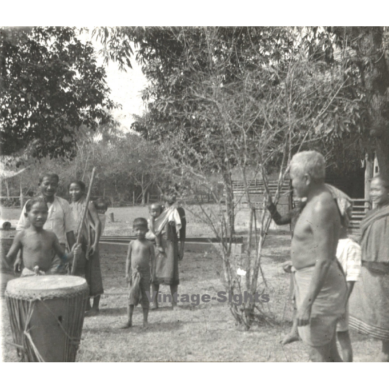 Laos: Indigenous Native Tribal Members / Drum (Vintage Stereo Glass Plate ~1920s/1930s)