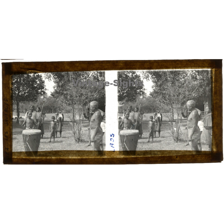 Laos: Indigenous Native Tribal Members / Drum (Vintage Stereo Glass Plate ~1920s/1930s)