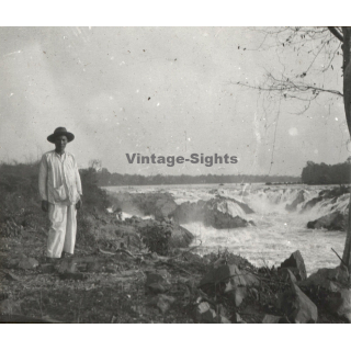 Laos: Chutes De Khone Phapéng / Waterfall (Vintage Stereo Glass Plate ~1920s/1930s)