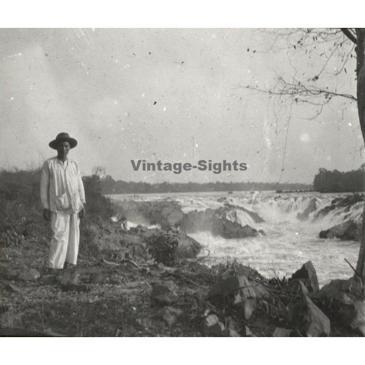 Laos: Chutes De Khone Phapéng / Waterfall (Vintage Stereo Glass Plate ~1920s/1930s)