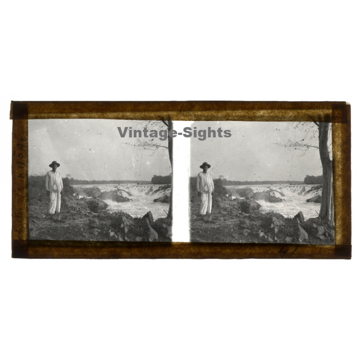 Laos: Chutes De Khone Phapéng / Waterfall (Vintage Stereo Glass Plate ~1920s/1930s)