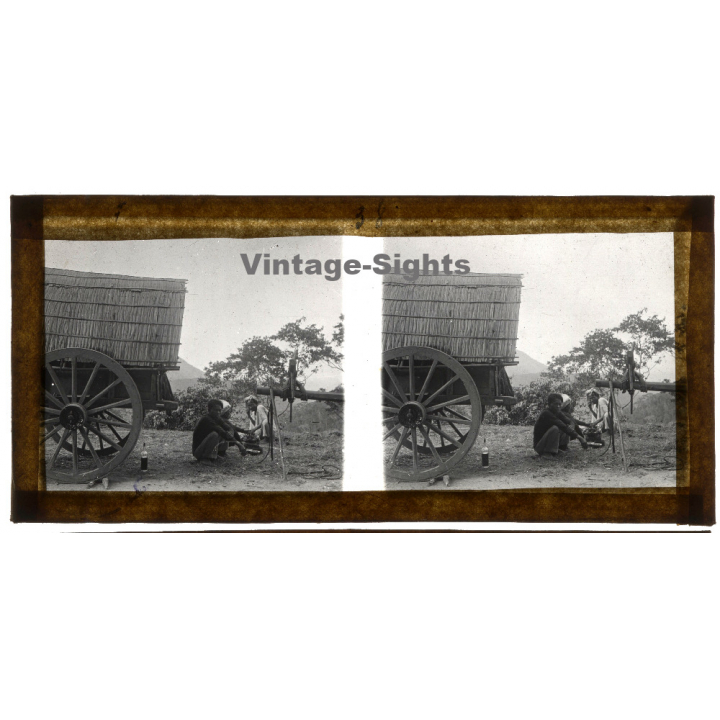 Indochina: Group Of Natives Rest Behind Trailer (Vintage Stereo Glass Plate ~1920s/1930s)