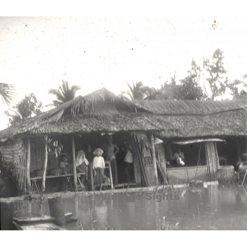 Thu Duc / Vietnam: Indigenous On Porch Of Waterside Home (Vintage Stereo Glass Plate ~1920s/1930s)