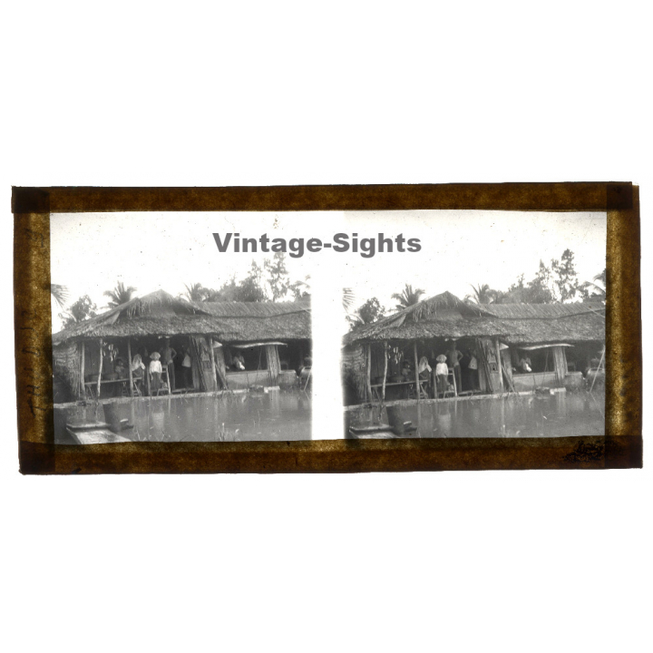 Thu Duc / Vietnam: Indigenous On Porch Of Waterside Home (Vintage Stereo Glass Plate ~1920s/1930s)