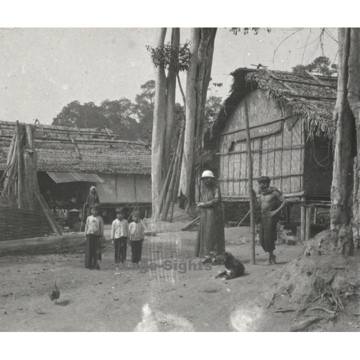 Laos: French Missionary & Indigenous In Stilt House Village (Vintage Stereo Glass Plate ~1920s/1930s)
