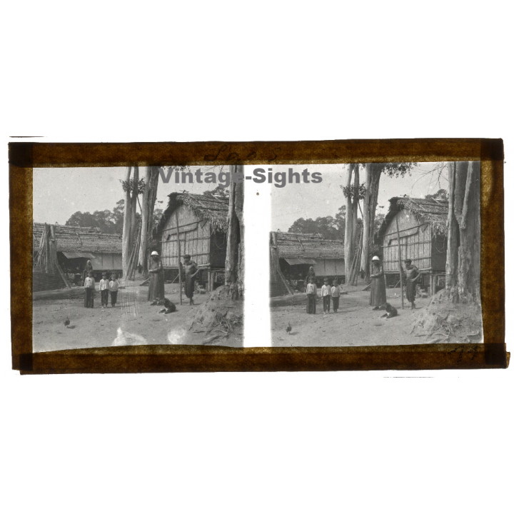 Laos: French Missionary & Indigenous In Stilt House Village (Vintage Stereo Glass Plate ~1920s/1930s)