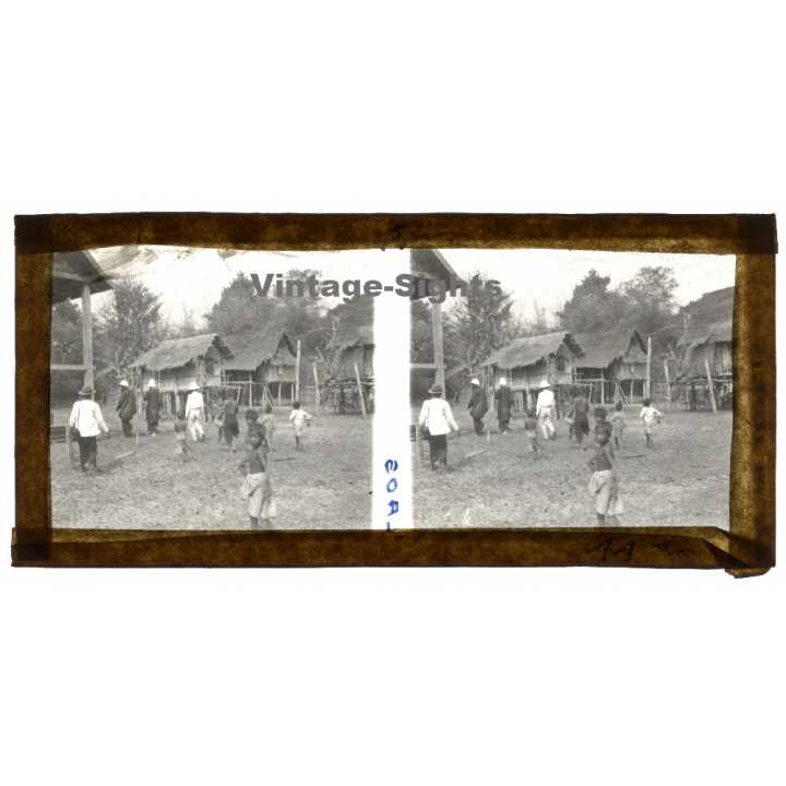 Laos: French Missionaries & Indigenous In Stilt House Village (Vintage Stereo Glass Plate ~1920s/1930s)