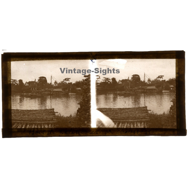 Indochina: Mangrove Trunks On River Shore / Junk (Vintage Stereo Glass Plate ~1920s/1930s)