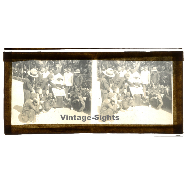 Indochina: Missionary Sister With Group Of Indigenous (Vintage Stereo Glass Plate ~1920s/1930s)