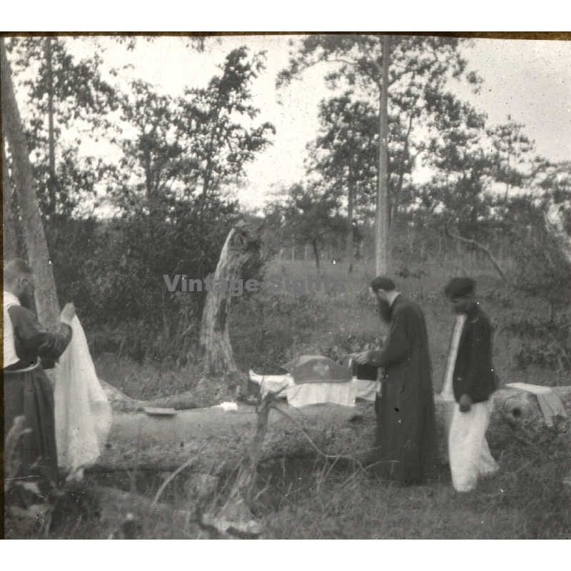 Indochina: French Missionaries Hold Mass In Forest (Vintage Stereo Glass Plate ~1920s/1930s)