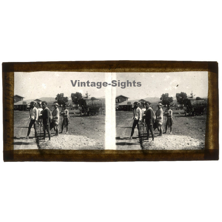 Djiring / Vietnam: Members Of Moïs Tribe On Street / Ethnic (Vintage Stereo Glass Plate ~1920s/1930s)