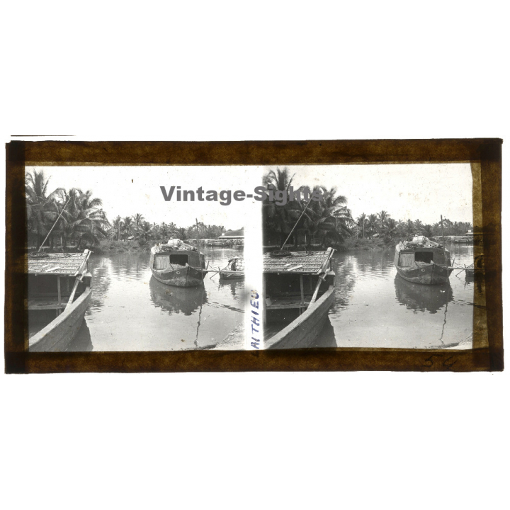 Lai Thieu / Vietnam: Local Boats On River (Vintage Stereo Glass Plate ~1920s/1930s)