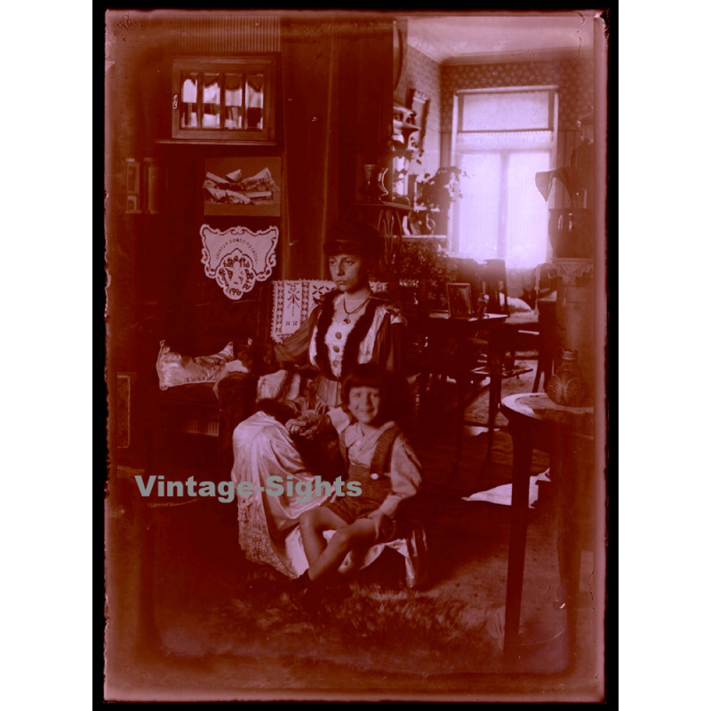 Portrait Of Mother & Son In Living Room / Victorian Era (Vintage Glass Plate Negative ~1910s)