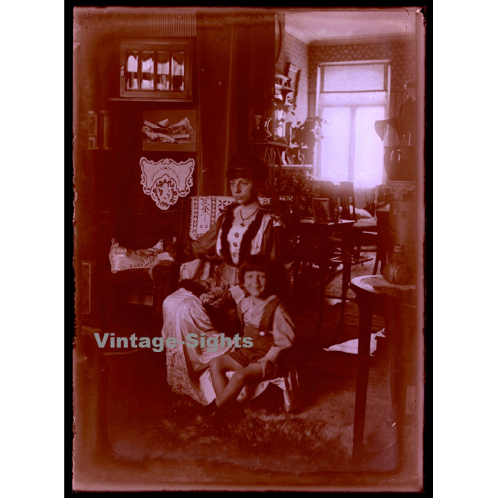 Portrait Of Mother & Son In Living Room / Victorian Era (Vintage Glass Plate Negative ~1910s)