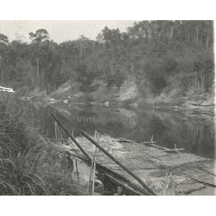 Laos: Bamboo Hut On Rivershore (Vintage Stereo Glass Plate ~1920s/1930s)
