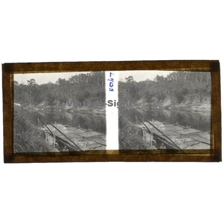 Laos: Bamboo Hut On Rivershore (Vintage Stereo Glass Plate ~1920s/1930s)