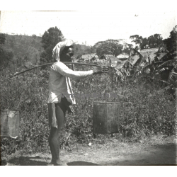 Vietnam: Moï Tribe Member Carrying Goods / Ethnic (Vintage Stereo Glass Plate ~1920s/1930s)