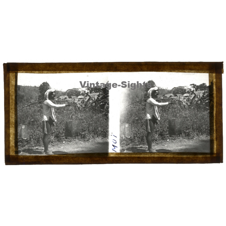 Vietnam: Moï Tribe Member Carrying Goods / Ethnic (Vintage Stereo Glass Plate ~1920s/1930s)