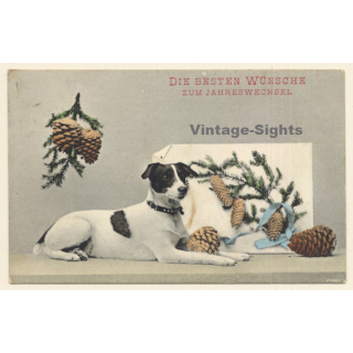 Terrier Dog Wishes Happy New Year (Vintage PC 1907)