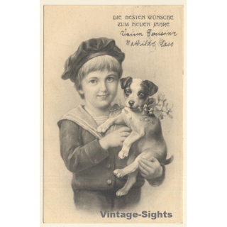 Terrier Puppy & Kid Wish Happy New Year / Dogs (Vintage PC 1905)