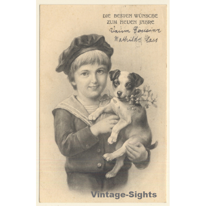 Terrier Puppy & Kid Wish Happy New Year / Dogs (Vintage PC 1905)