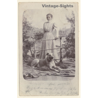 Elegant Lady In Victorian Dress With German Shepherd (Vintage PC 1900s/1910s)