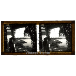 Hué / Vietnam: Missionary On Rivershore / Sampan (Vintage Stereo Glass Plate ~1920s/1930s)