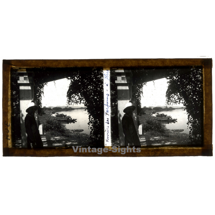 Hué / Vietnam: Missionary On Rivershore / Sampan (Vintage Stereo Glass Plate ~1920s/1930s)