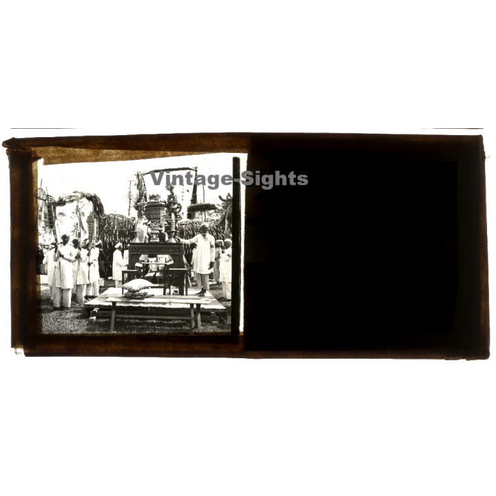 Indochina: Buddhist Ceremony *2 / Monks - Prayer Wheel (Vintage Glass Plate ~1920s/1930s)