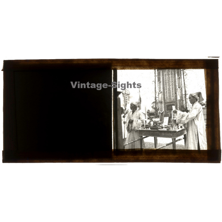 Indochina: Buddhist Ceremony *3 / Monks - Offerings Shrine - Altar (Vintage Glass Plate ~1920s/1930s)
