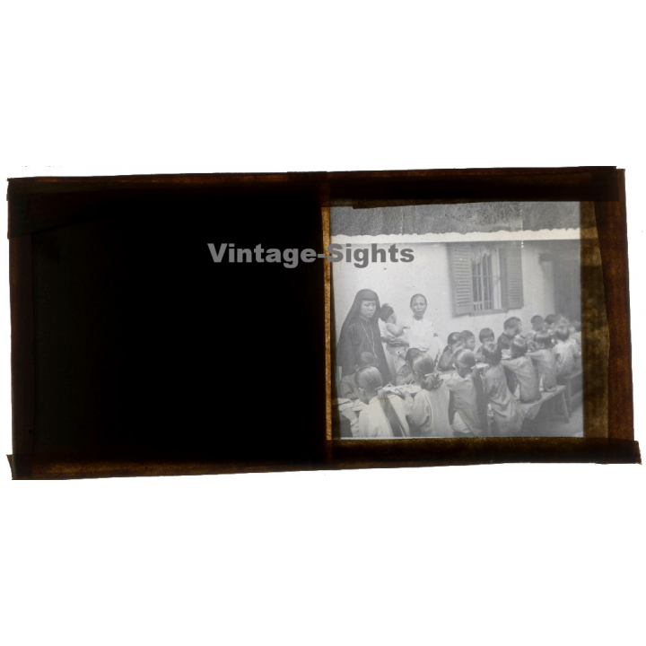 Indochina: Missionary Sister With Kids Eating (Vintage Glass Plate ~1920s/1930s)