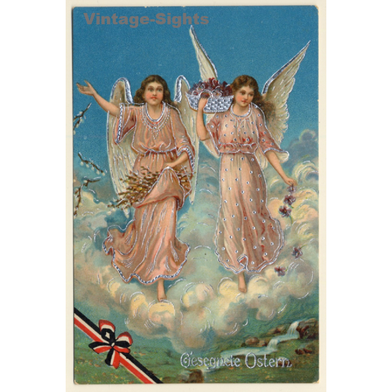 Gesegnete Ostern / Happy Easter - Glitter Angels (Vintage PC 1917)