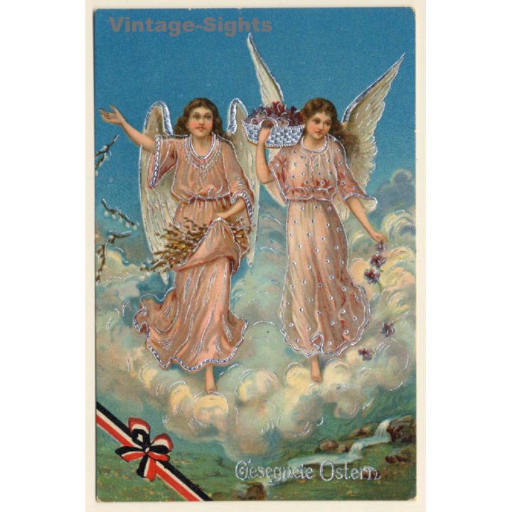Gesegnete Ostern / Happy Easter - Glitter Angels (Vintage PC 1917)