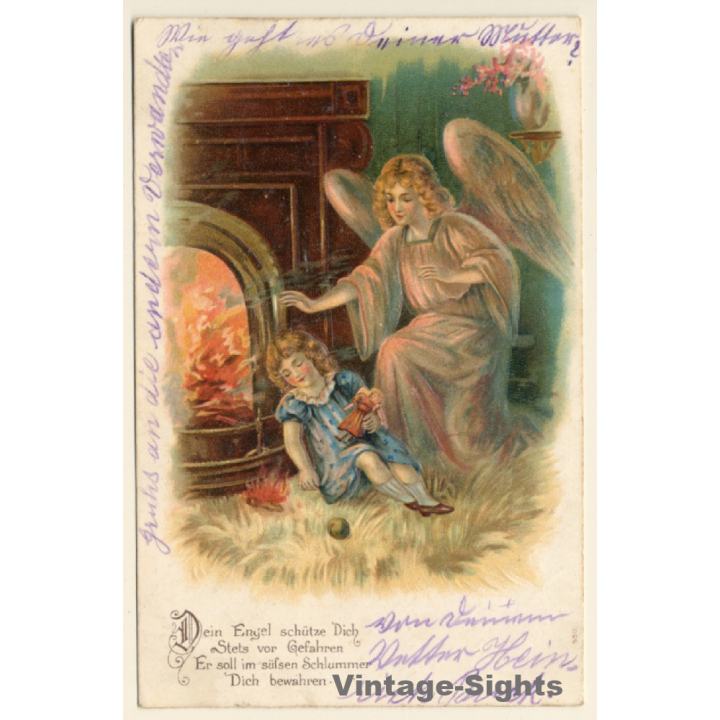 Female Angel Protects Kid From Fire / Poem (Vintage PC 1906)