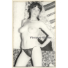 Cheeky Darkhaired Semi Nude On Flowered Couch*2 (Vintage Photo ~1970s/1980s)
