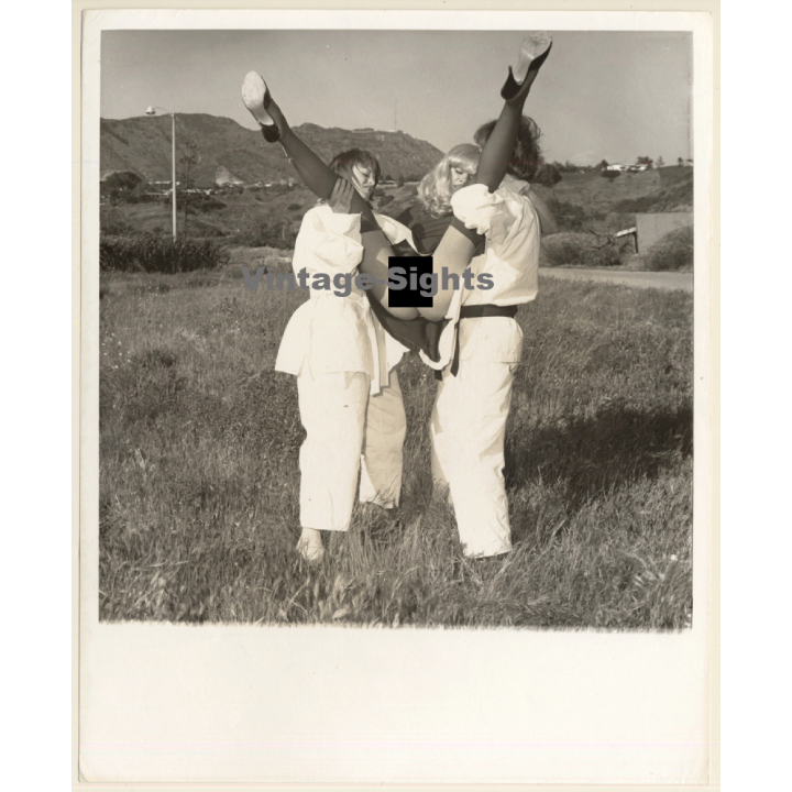 Erotic Study by T.Liori: Couple In Judo Outift Carry Semi Nude Blonde*2 (Vintage Photo KORENJAK 1970s/1980s)