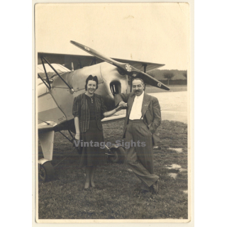 Proud Couple In Front Of Bücker BÜ-131 / Aviation (Vintage RPPC ~1930s/1940s)
