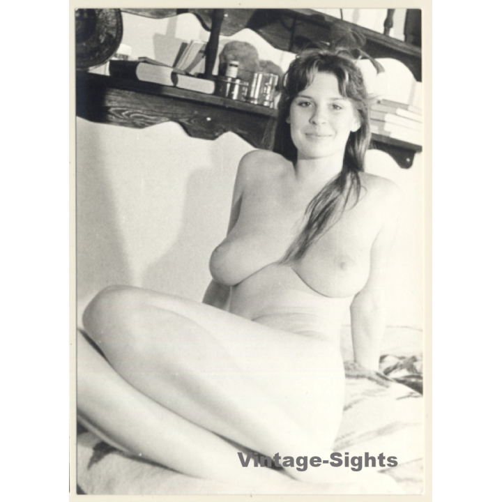 Erotic Study: Busty Pretty Nude Sitting On Bed / Smile (Vintage Photo GDR ~1970s/1980s)