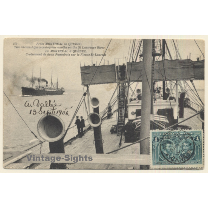 Montreal To Quebec: 2 Steamships Crossing On St.Lawrence River (Vintage PC 1906)
