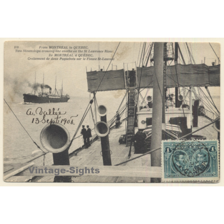 Montreal To Quebec: 2 Steamships Crossing On St.Lawrence River (Vintage PC 1906)