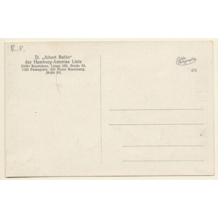 Dampfer Albert Ballin / Steamer Hamburg Amerika Linie (Vintage RPPC ~1920s)