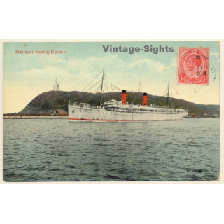 South Africa: Mailboat Leaving Durban / Steamer (Vintage PC ~1920s)