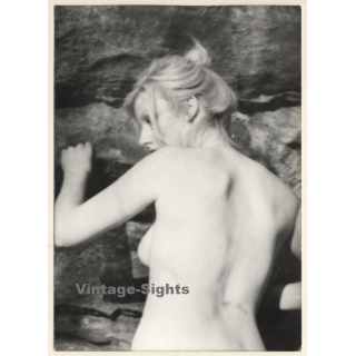Erotic Study: Nude Blonde Holding On To Rock / Updo - Outdoors (Vintage Photo GDR ~1970s/1980s)