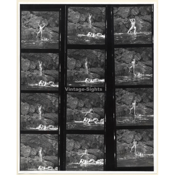 Erotic Study by George Brauer: Nude Pin-Up Alecia Francone On Rocks (Vintage Contact Sheet - 12 Photos 1970s/1980s)