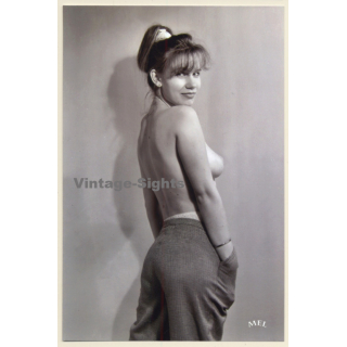 Erotic Study: Topless Blonde With Updo In Dress Pants (Digital Photo Print)