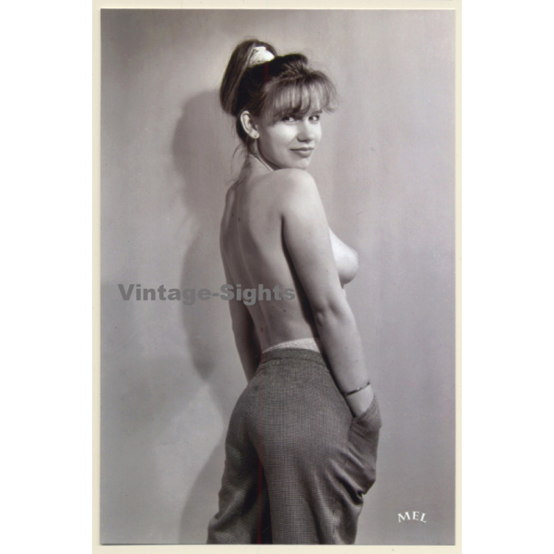 Erotic Study: Topless Blonde With Updo In Dress Pants (Digital Photo Print)
