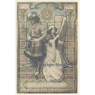 Art Nouveau: La Veillee / Les Vitraux - Glass Art (Vintage RPPC 1900s)