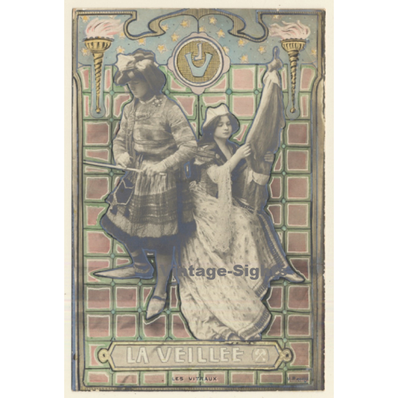 Art Nouveau: La Veillee / Les Vitraux - Glass Art (Vintage RPPC 1900s)